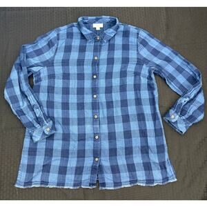 J. Jill Tunic Button Up Blue Check Long Sleeve Fringed/Raw Hem Women's Medium